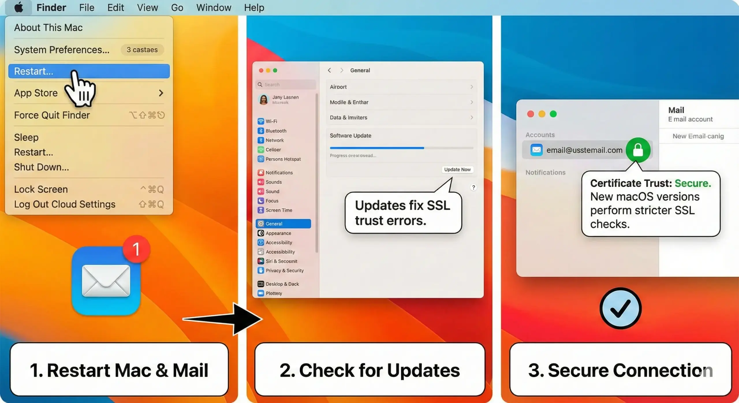 “Cannot Verify Server Identity” Error solving For macOS (Mail App) Users Problem type - Restart and Update macOS